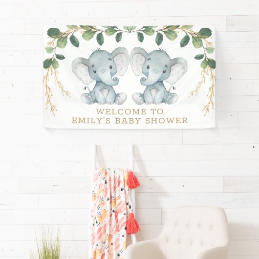 Modern Twin Elephant Oerwoud Greenery Baby shower Spandoek (Insitu)