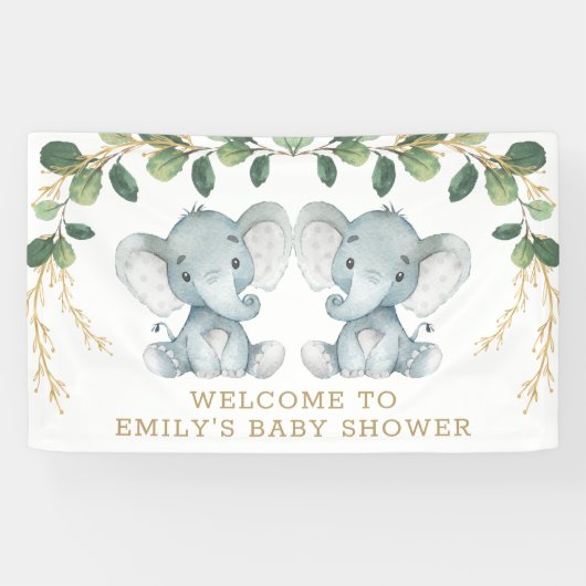 Modern Twin Elephant Oerwoud Greenery Baby shower Spandoek (Horizontaal)