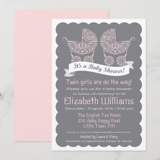 Modern Twin Girls Baby shower Invitation Kaart (Voorkant / Achterkant)