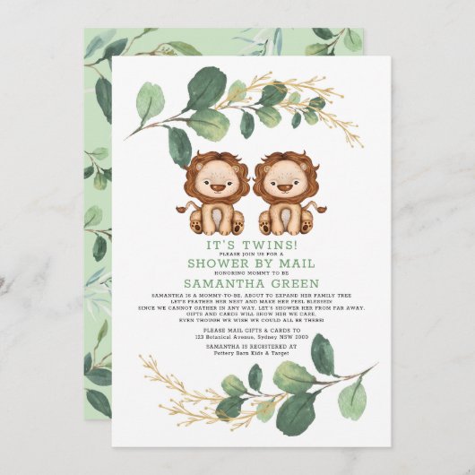 Modern Twin Lion Greenery Gold Baby shower per pos Kaart (Voorkant / Achterkant)