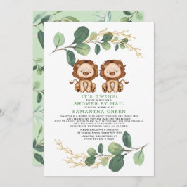 Modern Twin Lion Greenery Gold Baby shower per pos Kaart