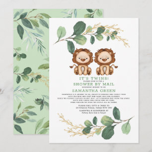 Modern Twin Lion Greenery Gold Baby shower per pos Kaart