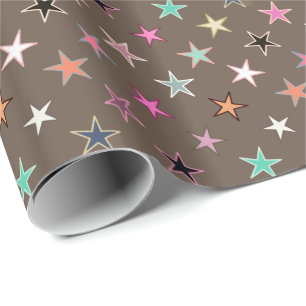 Modern Twinking Stars, Taupe Tan & multi Pastels Cadeaupapier