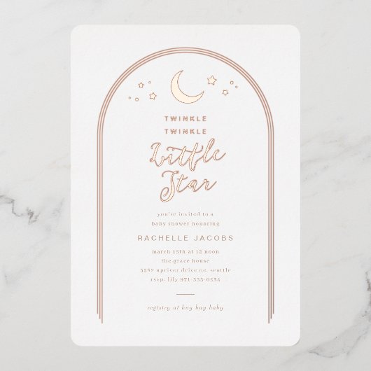 Modern Twinkle Little Star Baby shower Roos Gold Folie Uitnodiging (Voorkant)