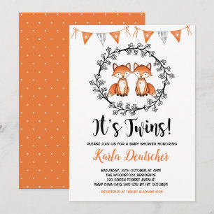 Modern Twins Fox Baby shower Oranje Black Party Kaart