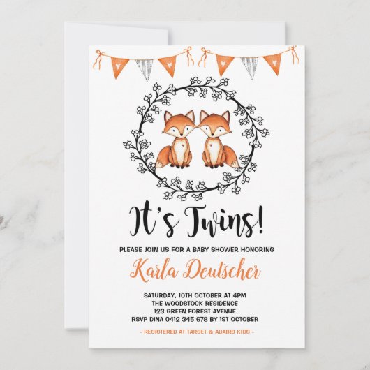 Modern Twins Fox Baby shower Oranje zwarte partij Kaart (Voorkant)