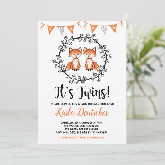 Modern Twins Fox Baby shower Oranje zwarte partij Kaart (Staand voorkant)
