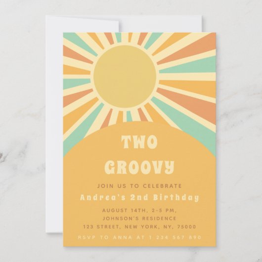 Modern Two Groovy Retro Sunshine Sun 1st Birthday Kaart (Voorkant)