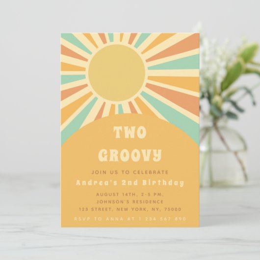 Modern Two Groovy Retro Sunshine Sun 1st Birthday Kaart (Staand voorkant)