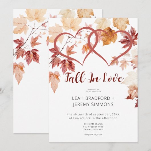 Modern Two Hearts Herfst in Love Wedding Kaart (Voorkant / Achterkant)
