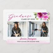 Modern Two Photo Collage Floral Graduation Party Kaart (Voorkant / Achterkant)