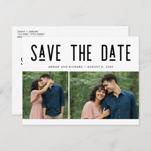 Modern Two Photo Wedding Save the Date Postcard Aankondigingskaart (Voorkant / Achterkant)