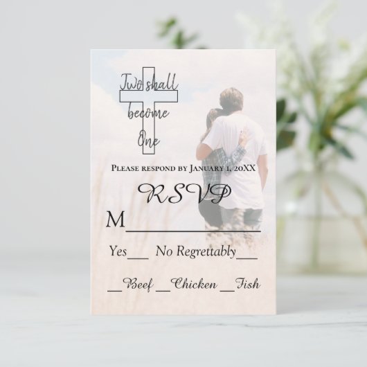 Modern Two wordt One Couple Photo Wedding RSVP Kaartje (Staand voorkant)