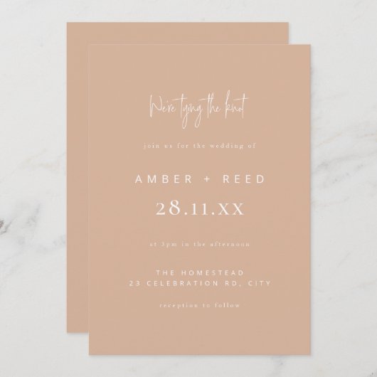 Modern Tying the Knot Wedding Blush Roze Script Kaart (Voorkant / Achterkant)
