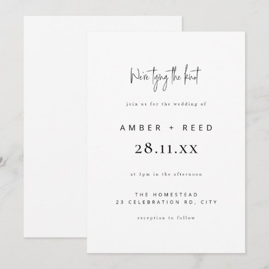 Modern Tying the Knot Wedding Plain Text Kaart (Voorkant / Achterkant)