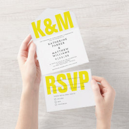 Modern type vet + monogram weddenschap geel all in one uitnodiging