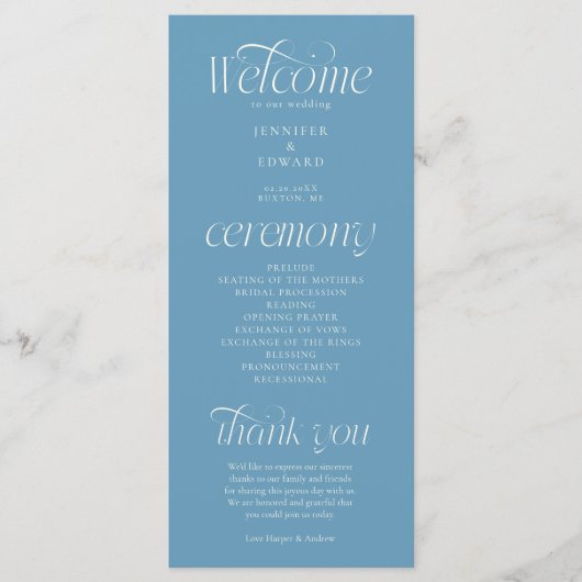 Modern Typografie Denim Blauwe Trouwprogramma Programmakaart (Voorkant)