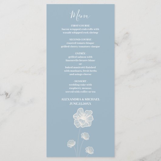 Modern Typografie Dusty Blue Botanical Wedding Menu (Achterkant)