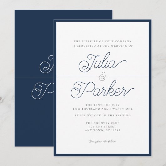 Modern Typografie Simple Navy Border Wedding Kaart (Voorkant / Achterkant)