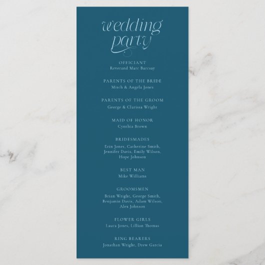 Modern TYPOGRAFIE Teal Huwelijksprogramma Programmakaart (Achterkant)