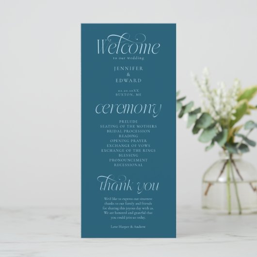 Modern TYPOGRAFIE Teal Huwelijksprogramma Programmakaart (Staand voorkant)