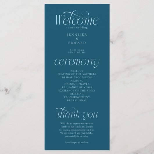 Modern TYPOGRAFIE Teal Huwelijksprogramma Programmakaart (Voorkant)