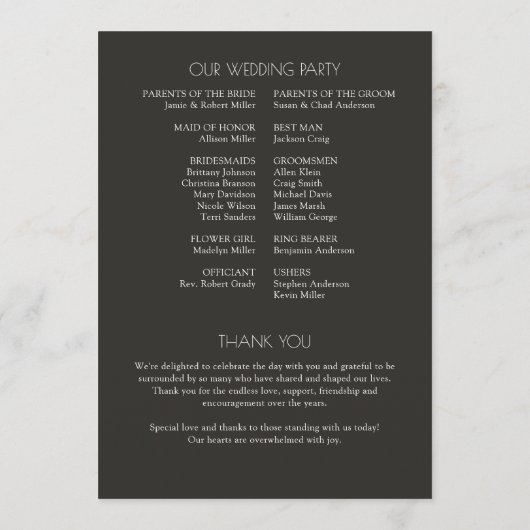 Modern typografisch-centric huwelijk programmakaart (Achterkant)