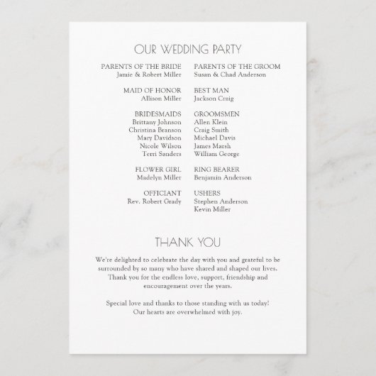 Modern typografisch-centric huwelijk programmakaart (Achterkant)