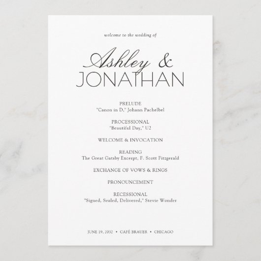 Modern typografisch-centric huwelijk programmakaart (Voorkant)