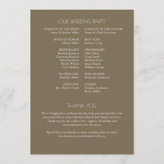 Modern typografisch-centric huwelijk programmakaart (Achterkant)