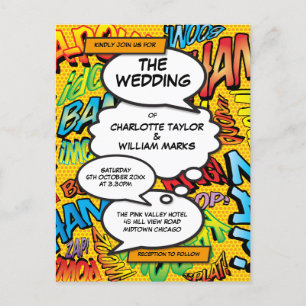 Modern Typographic Designer Fun Comic Wedding Uitnodiging Briefkaart