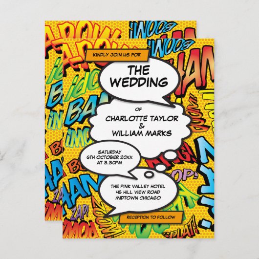 Modern Typographic Designer Fun Comic Wedding Uitnodiging Briefkaart (Voorkant / Achterkant)