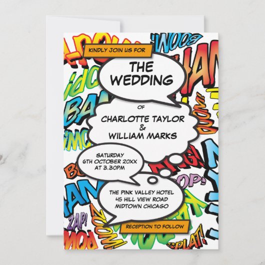 Modern Typographic Fun Comic Book Wedding Kaart (Voorkant)