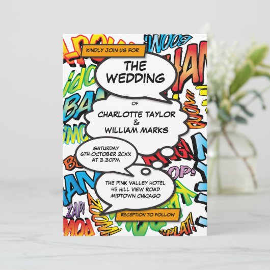 Modern Typographic Fun Comic Book Wedding Kaart (Staand voorkant)
