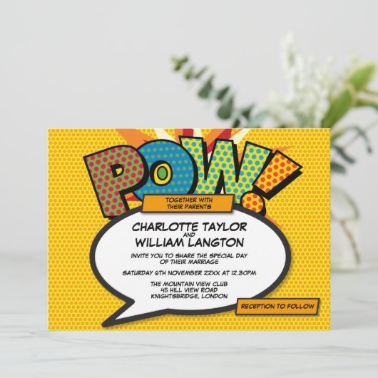 Modern Typographic Fun Comic Book Wedding Kaart (Staand voorkant)