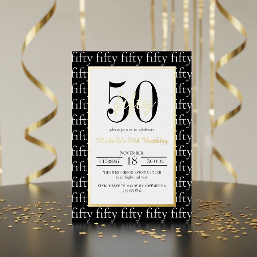 Modern Typography 50th Birthday Party Black Gold  Folie Uitnodiging