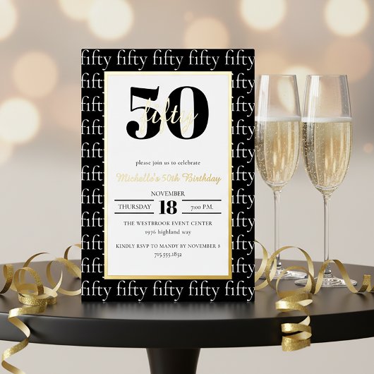 Modern Typography 50th Birthday Party Black Gold Folie Uitnodiging