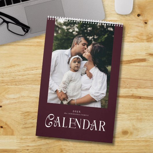 Modern Typography Custom Family Photo Burgundy  Kalender