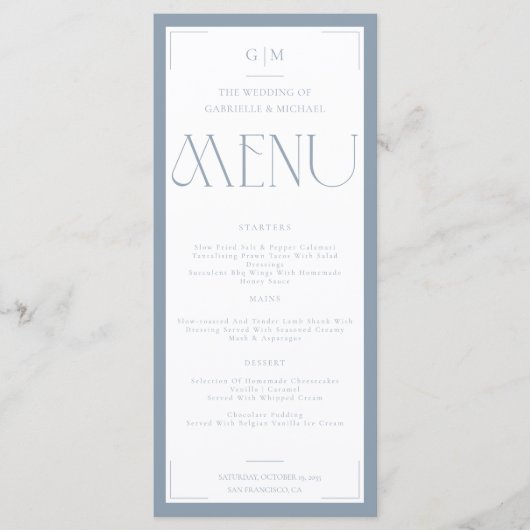 Modern Typography Dusty Blue Save The Date  Menu (Voorkant)