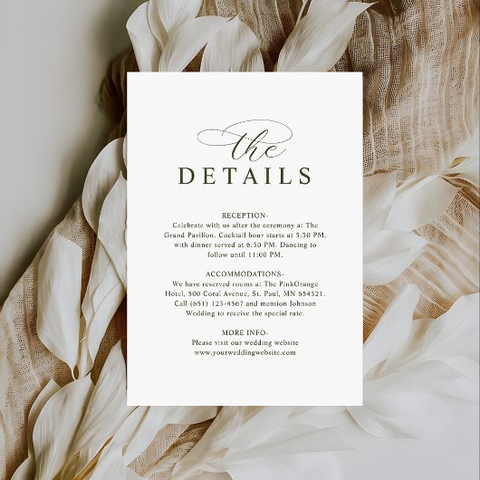 Modern Typography Olive Green Wedding Details Informatiekaartje