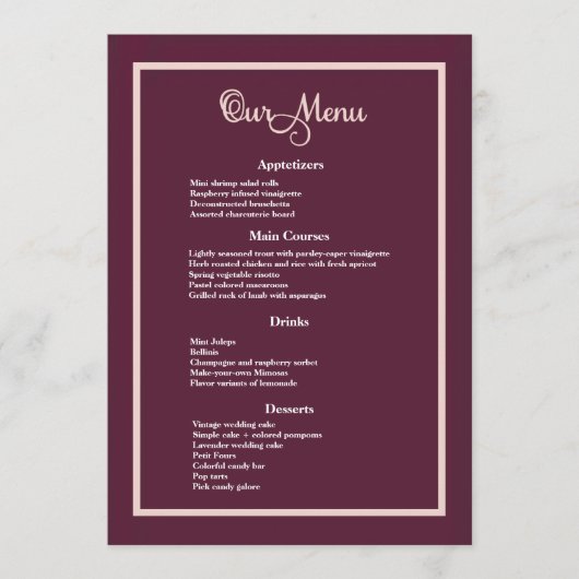 Modern Typography Rose Gold wedding Dinner menu (Voorkant)