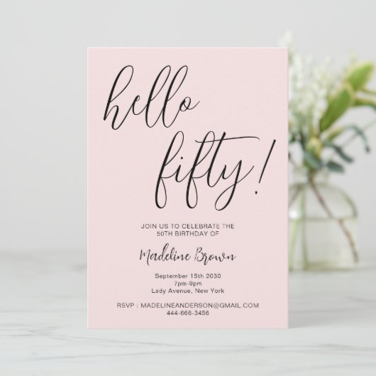Modern Typography Script Blush Pink 50ste verjaard Kaart (Staand voorkant)