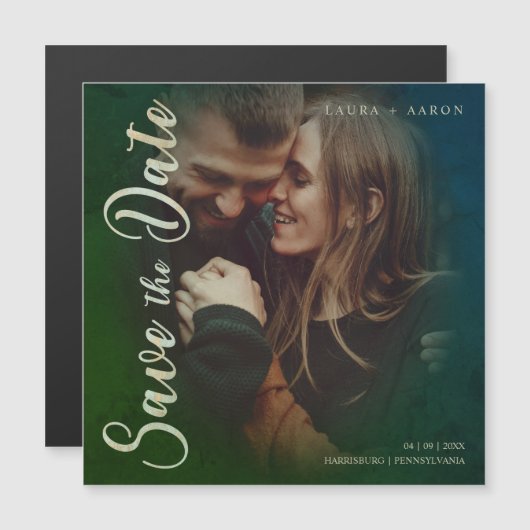 Modern Typography Script Photo Couple Engagement Magnetische Uitnodiging (Voorkant / Achterkant)