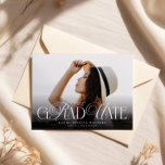 Modern Typography Senior Photo Elegant Graduation Kaart<br><div class="desc">Celebrate your achievement with this elegant and modern graduation announcement card. Featuring a full-photo layout and beautiful flowing script typography, this card creates a timeless way to share your achievement with friends and family. A subtle black gradient overlay at the bottom of the photo adds depth and helps the elegant...</div>