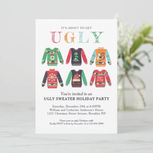 Modern Ugly Sweater Holiday Party Schattige kerstf Kaart (Staand voorkant)