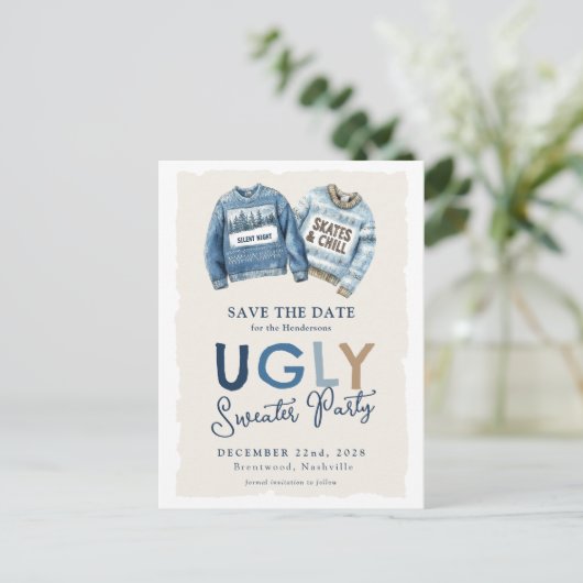 Modern Ugly Sweater Party Save the Date Feestdagenkaart (Staand voorkant)