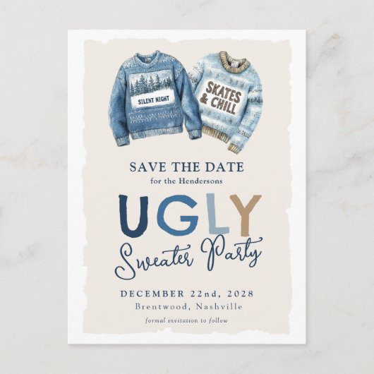 Modern Ugly Sweater Party Save the Date Feestdagenkaart (Voorkant)