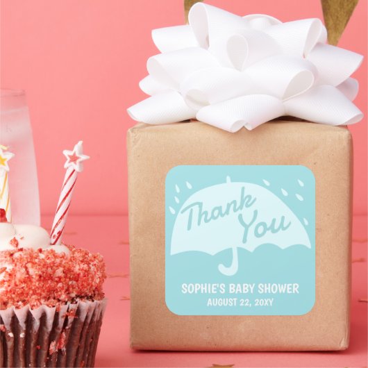 Modern Umbrella Rain Baby shower Boy Dank je Vierkante Sticker (Feest)