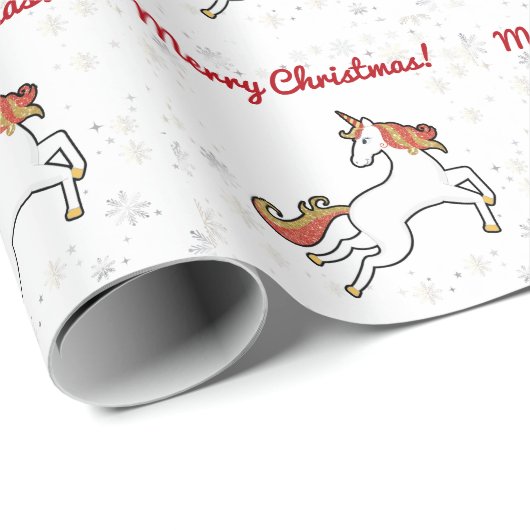 Modern Unicorn Glitter Snowflakes Merry Kerstry  Cadeaupapier (Rol Hoek)