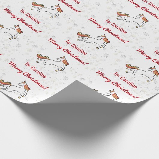 Modern Unicorn Glitter Snowflakes Name Merry Xmas Cadeaupapier (Hoek)